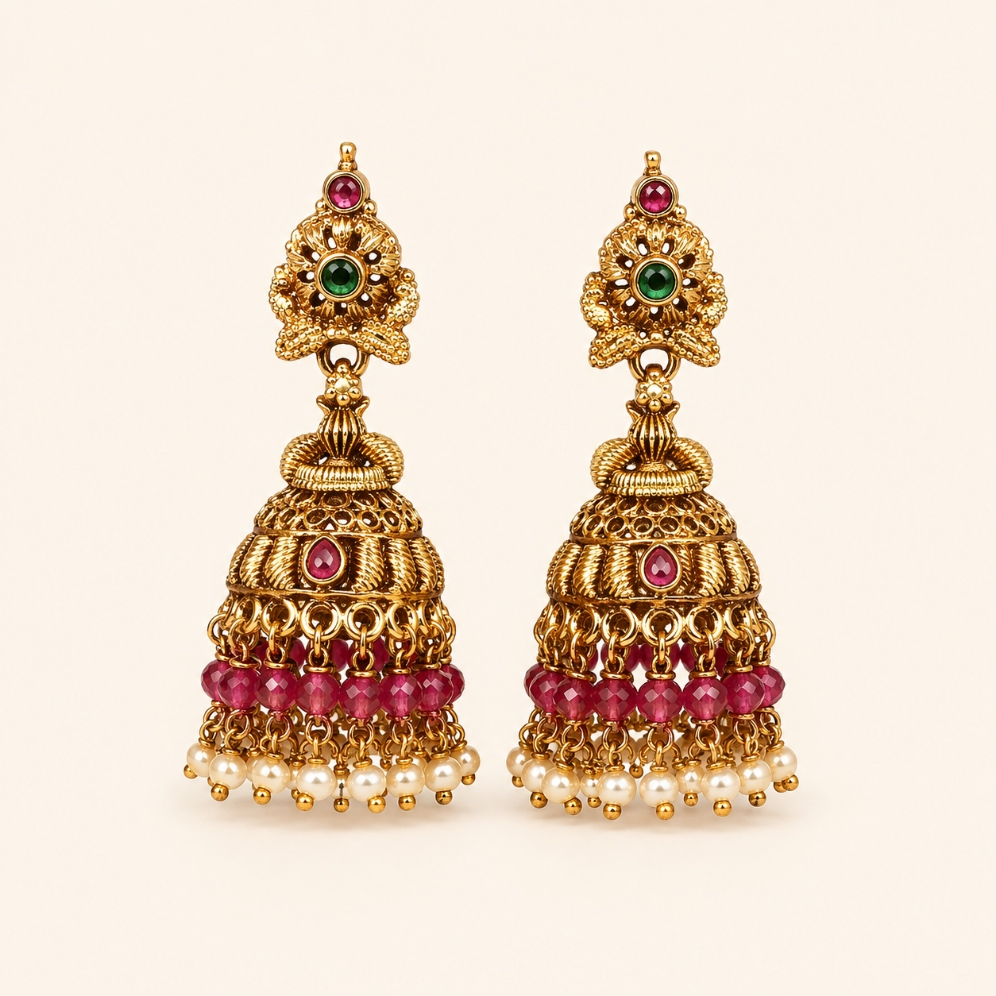 Ruby antique gold beaded jhumka earrings with pearl drops