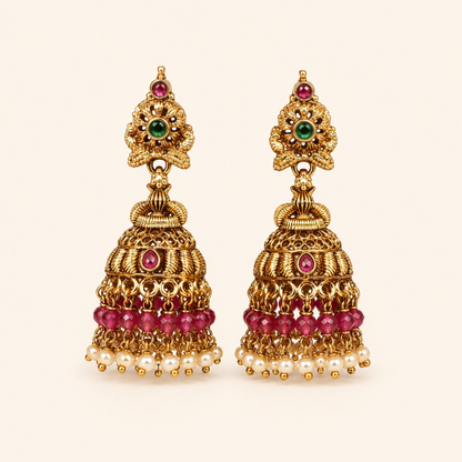 Ruby antique gold beaded jhumka earrings with pearl drops
