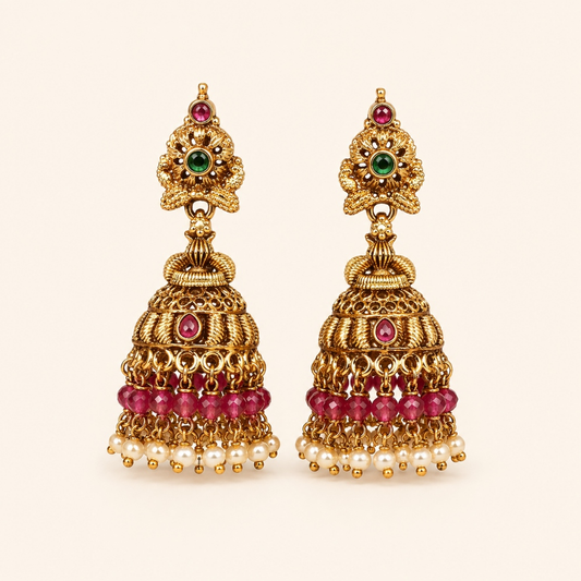 Ruby antique gold beaded jhumka earrings with pearl drops