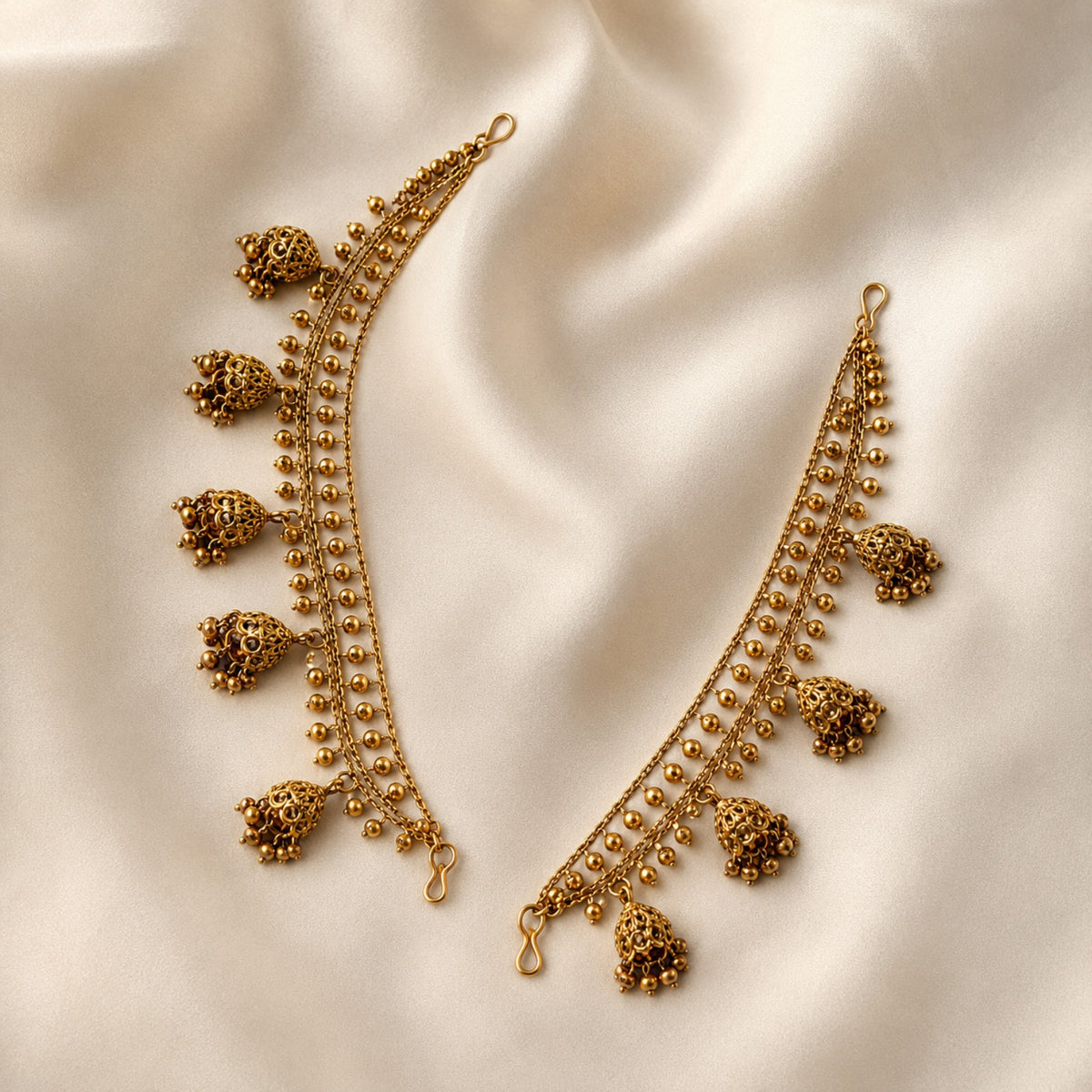 Pair of antique gold layered ghungroo jhumka ear chains by Belumiee