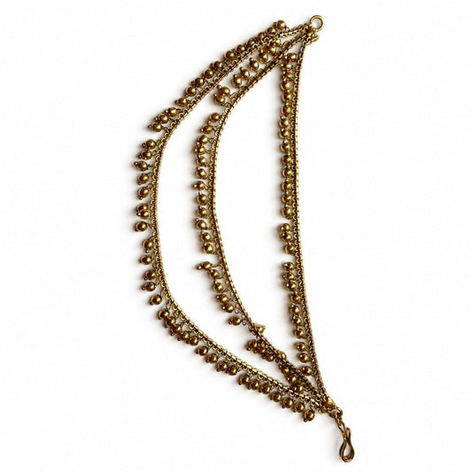 Matching pair of antique gold triple-layer ghungroo ear chains by Belumiee