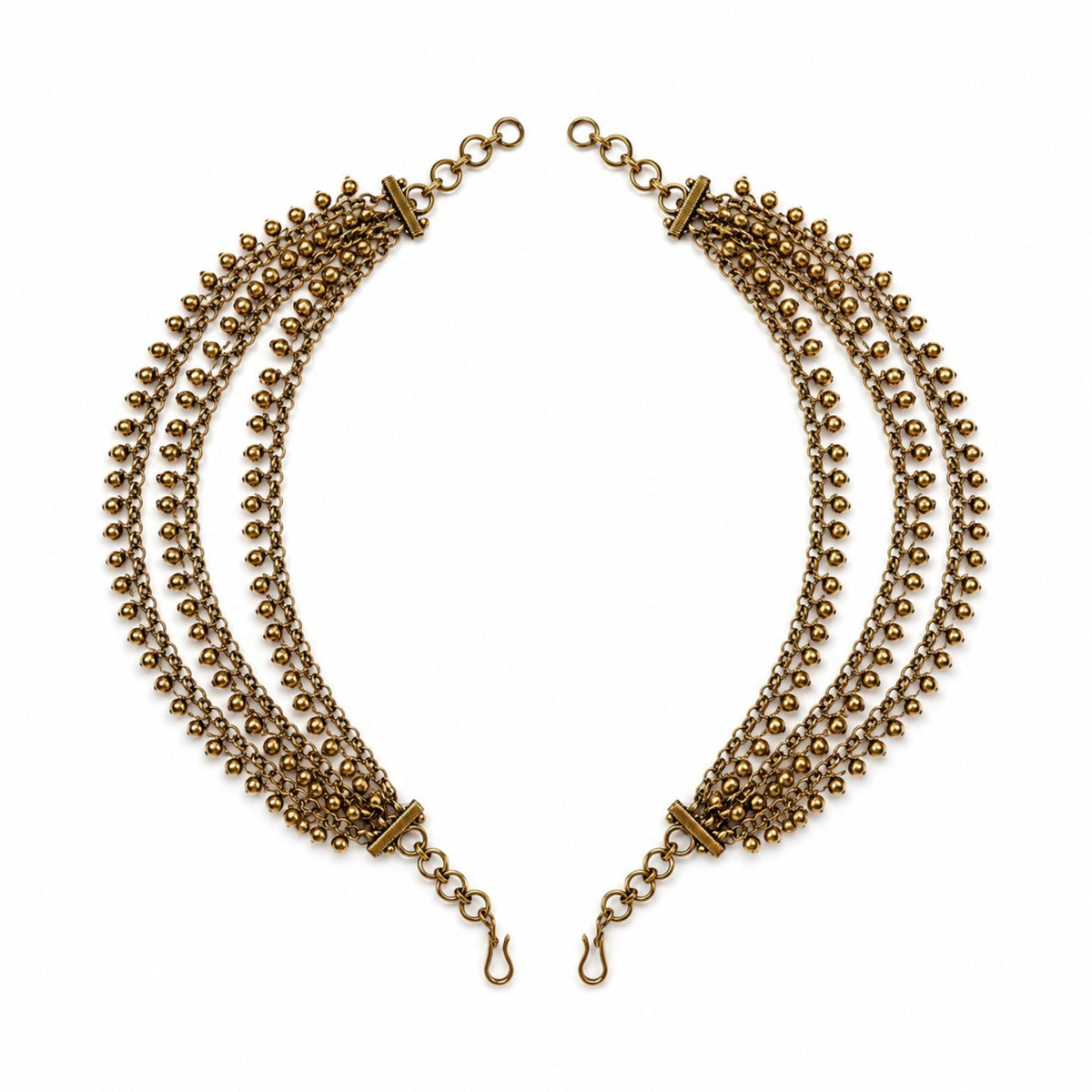Matching pair of antique gold triple-layer gold bead fringe ear chains by Belumiee