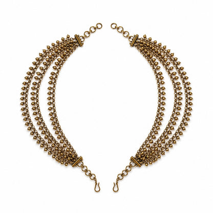 Matching pair of antique gold triple-layer gold bead fringe ear chains by Belumiee