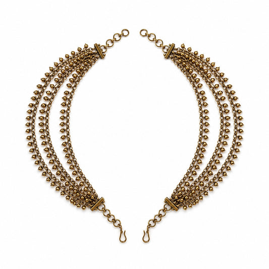 Matching pair of antique gold triple-layer gold bead fringe ear chains by Belumiee