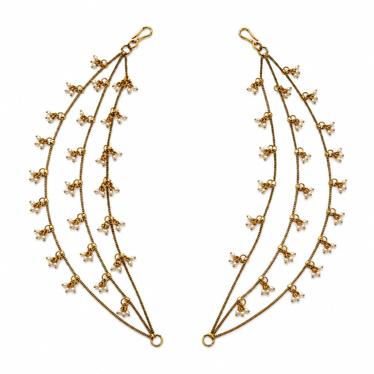 Matching pair of antique gold triple-layer pearl cluster ear chains by Belumiee