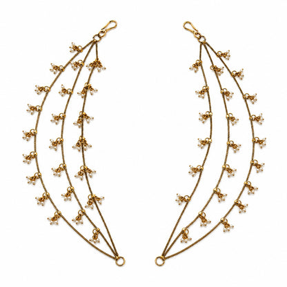 Matching pair of antique gold triple-layer pearl cluster ear chains by Belumiee