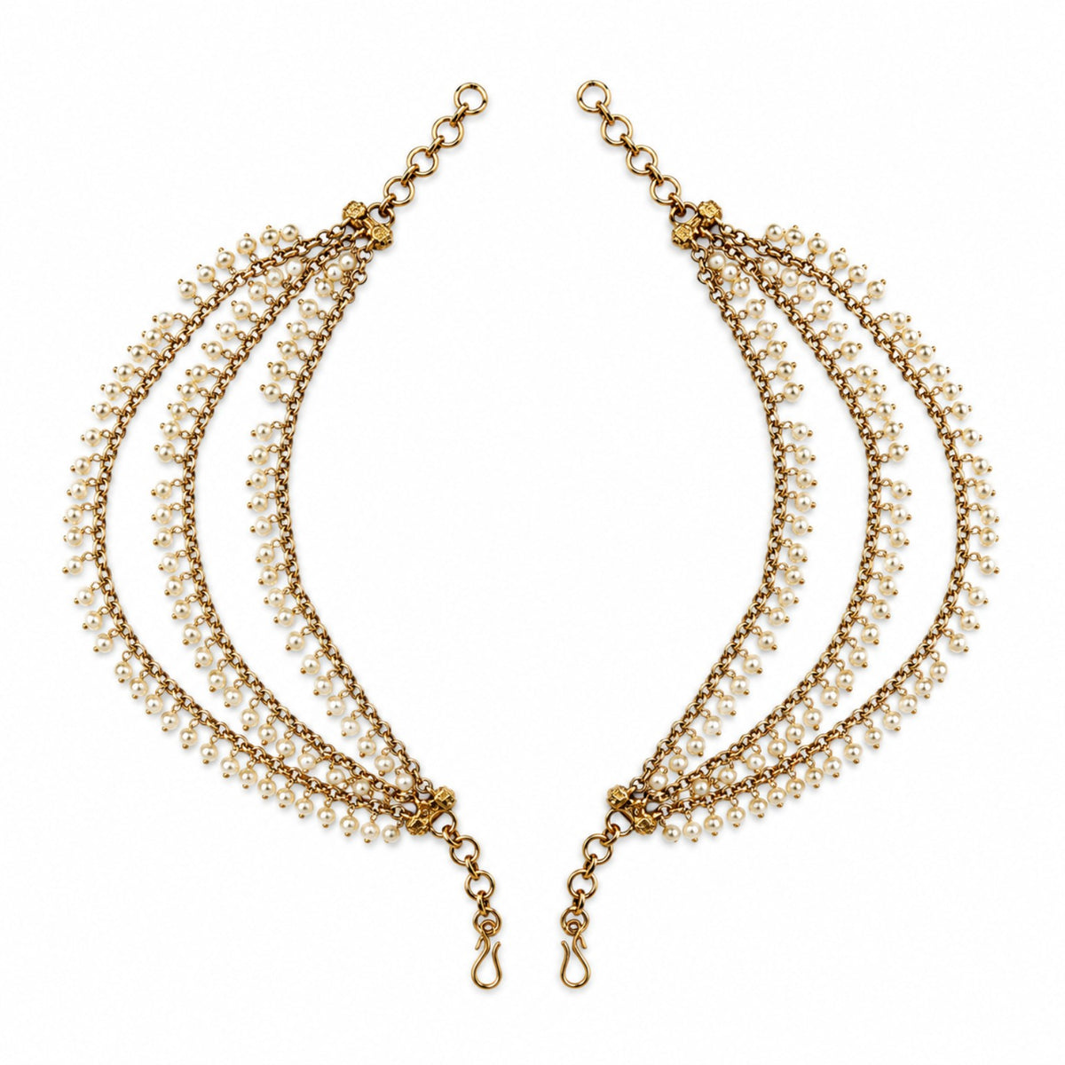 Matching pair of antique gold triple-layer pearl fringe ear chains by Belumiee