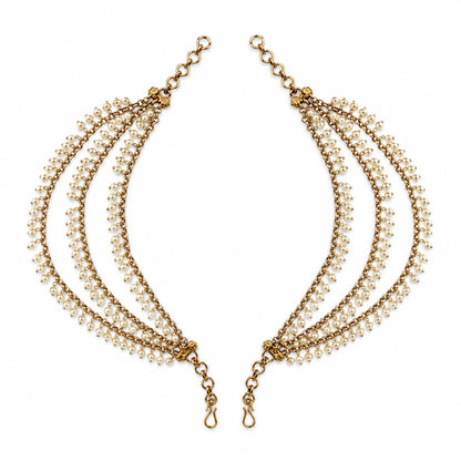 Matching pair of antique gold triple-layer pearl fringe ear chains by Belumiee