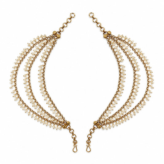 Matching pair of antique gold triple-layer pearl fringe ear chains by Belumiee