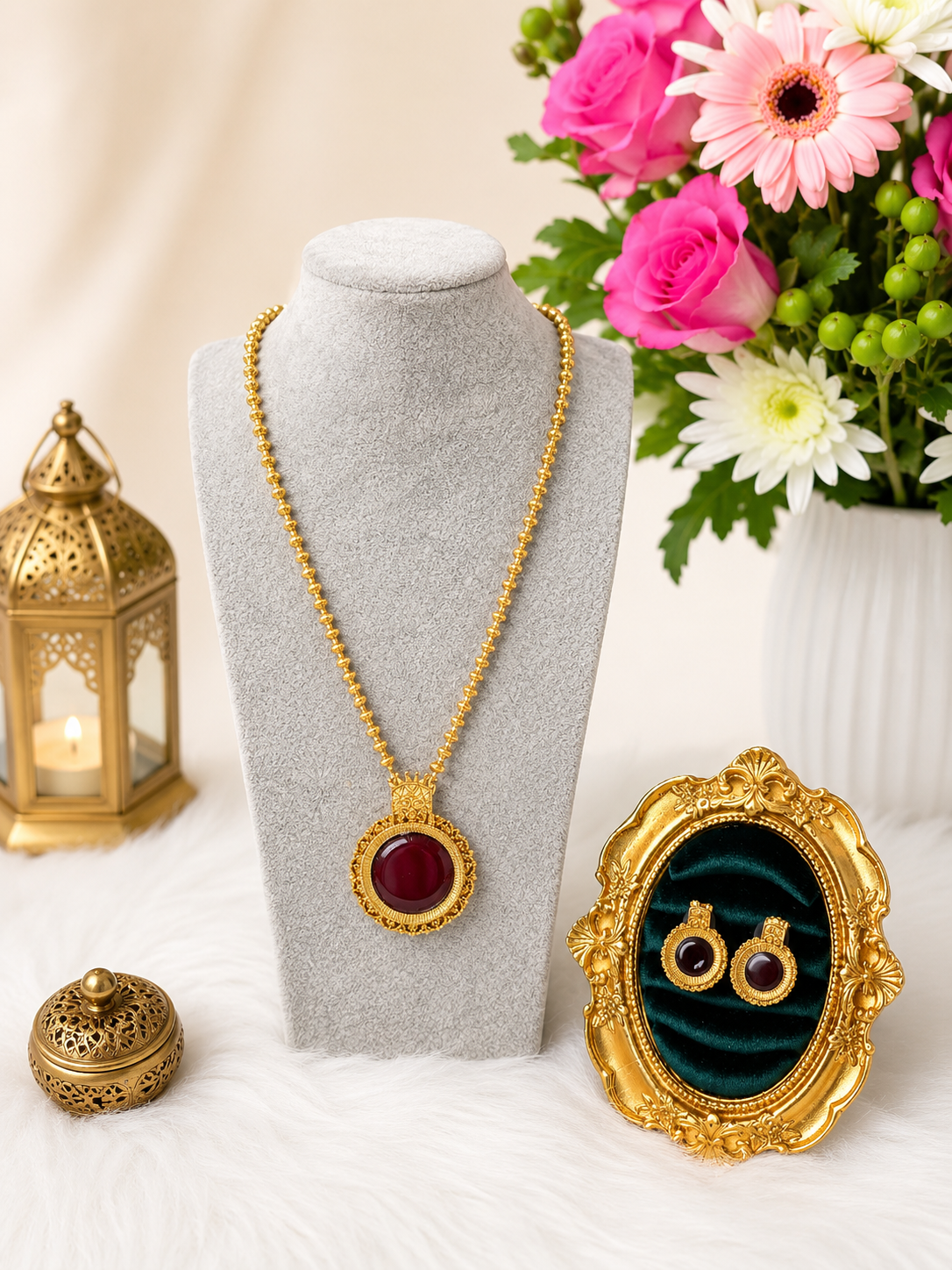 Antique Ruby round pendant necklace set with traditional design, featuring intricate craftsmanship and matching earrings.