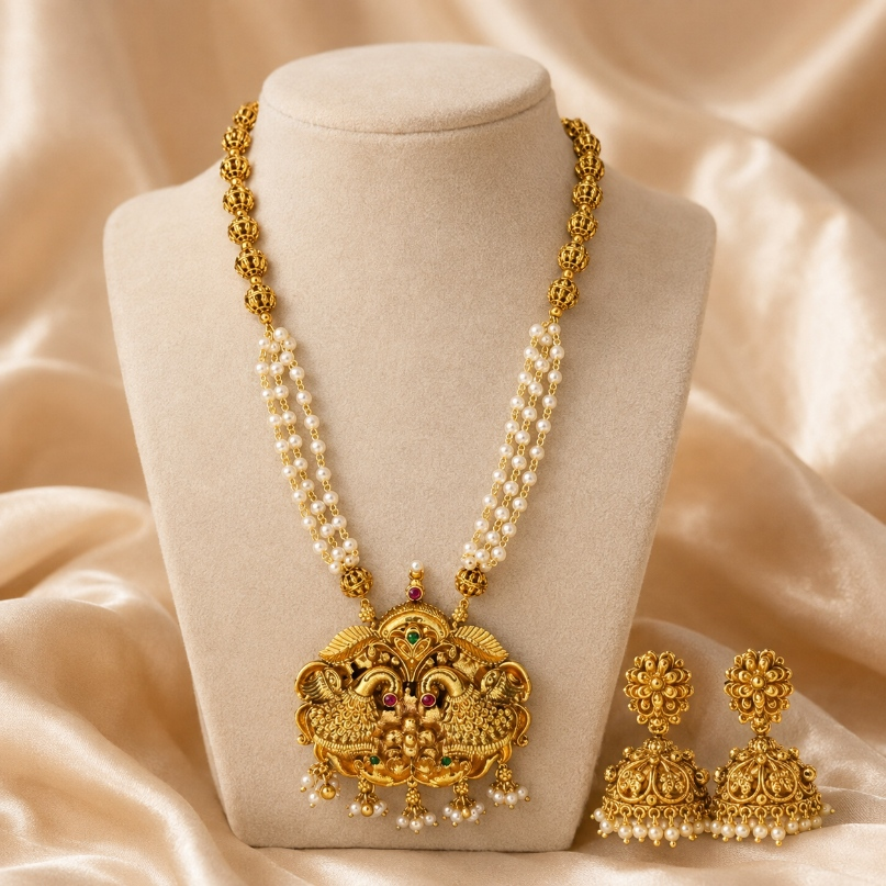 Antique gold peacock pendant pearl necklace and earring set showing intricate traditional jewelry design.