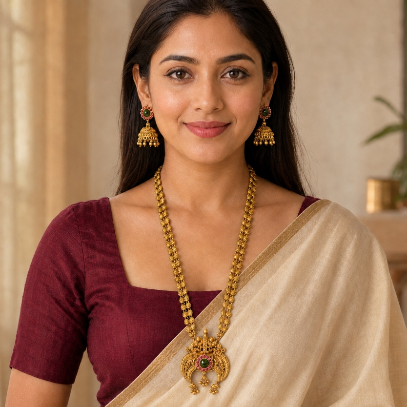 Antique gold temple pendant long necklace and jhumka earrings set with green ruby accents by Belumiee.