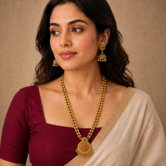 Antique gold temple pendant long necklace and jhumka set by Belumiee, featuring intricate traditional jewelry with dangling earrings.