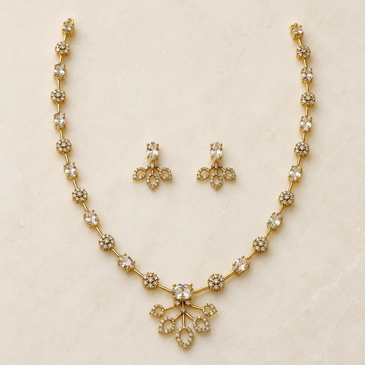 Clear white floral teardrop American Diamond necklace and matching earrings set