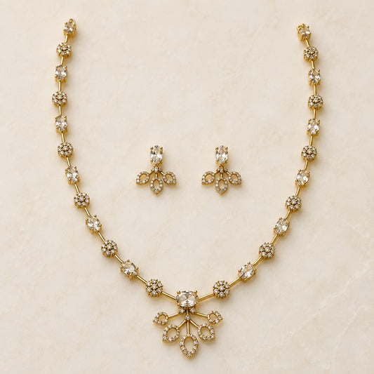 Clear white floral teardrop American Diamond necklace and matching earrings set