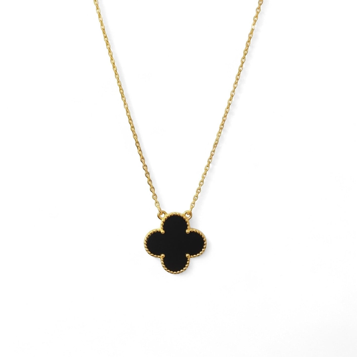 Belumiee four-leaf clover pendant necklace in 18K gold-plated sterling silver with a sleek black enamel finish.