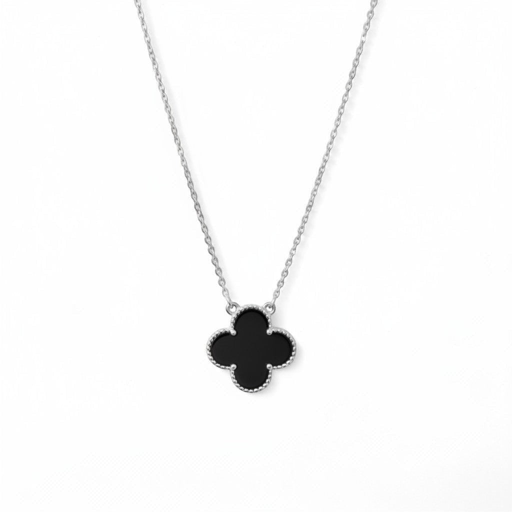 Belumiee sterling silver four-leaf clover pendant necklace with a black enamel finish on a delicate chain.