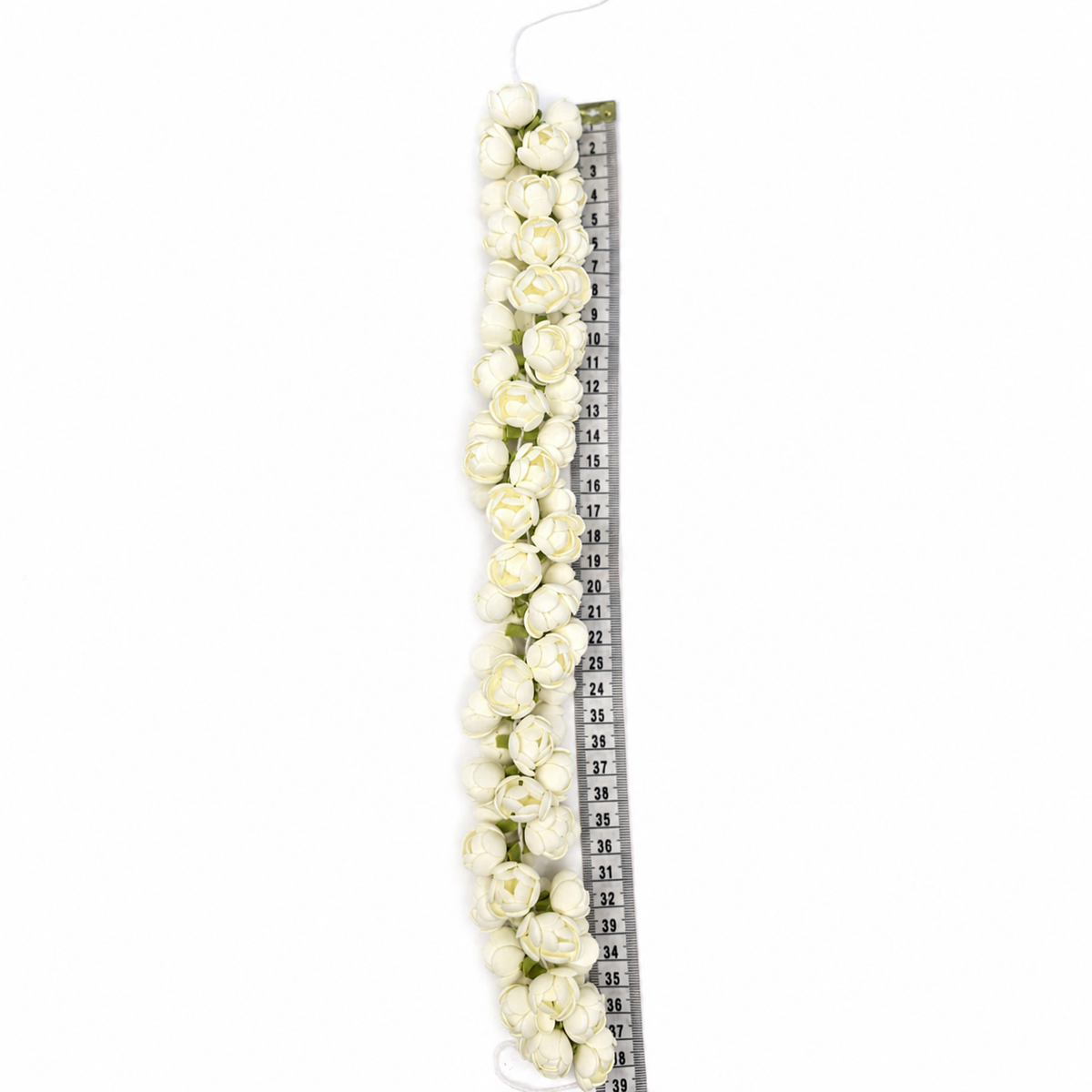 Double-layer artificial jasmine hair garland beside a metric tape showing its approximate 40 cm length