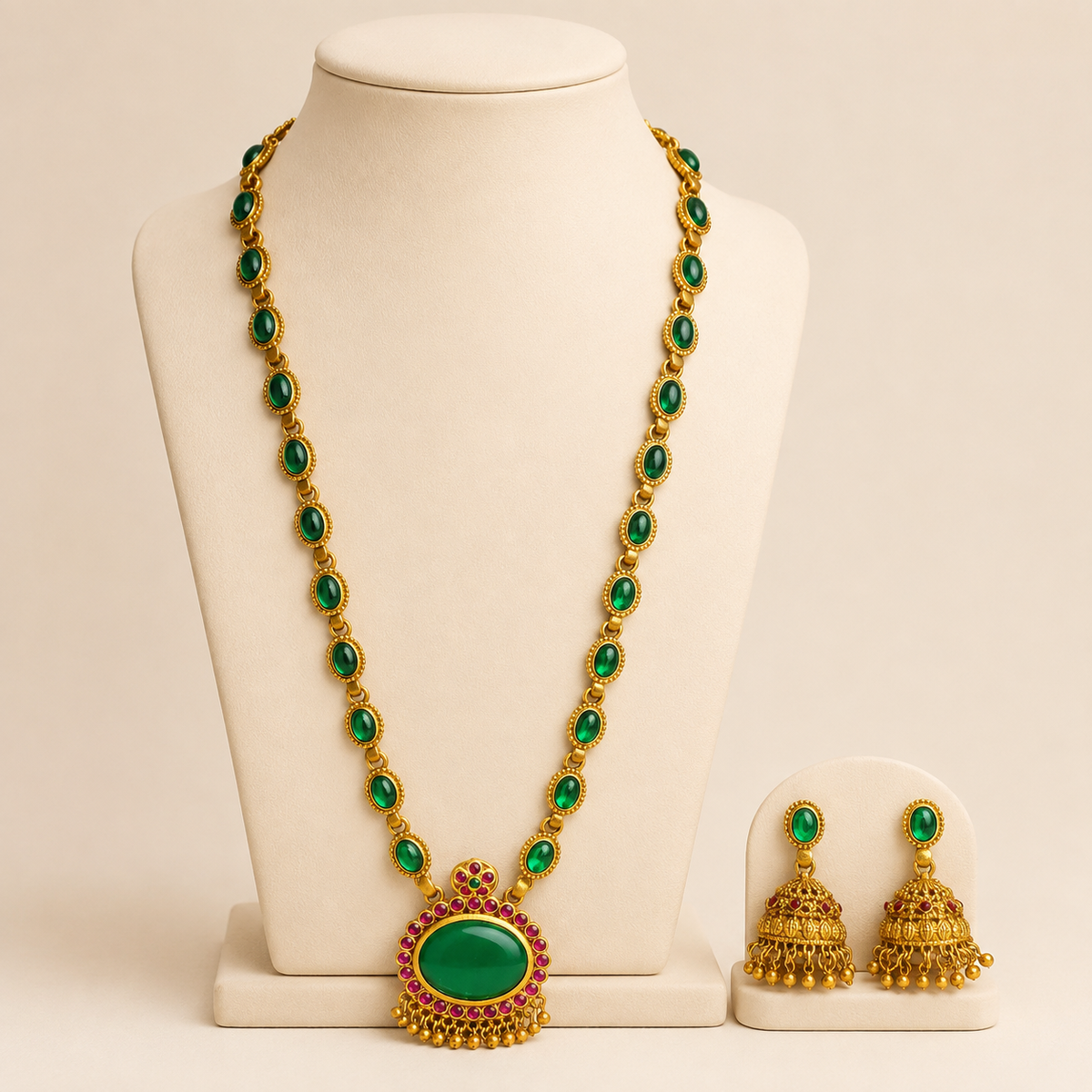 Emerald and ruby long necklace and jhumka earrings set by Belumiee, featuring intricate gold jewelry with green and red gemstones.