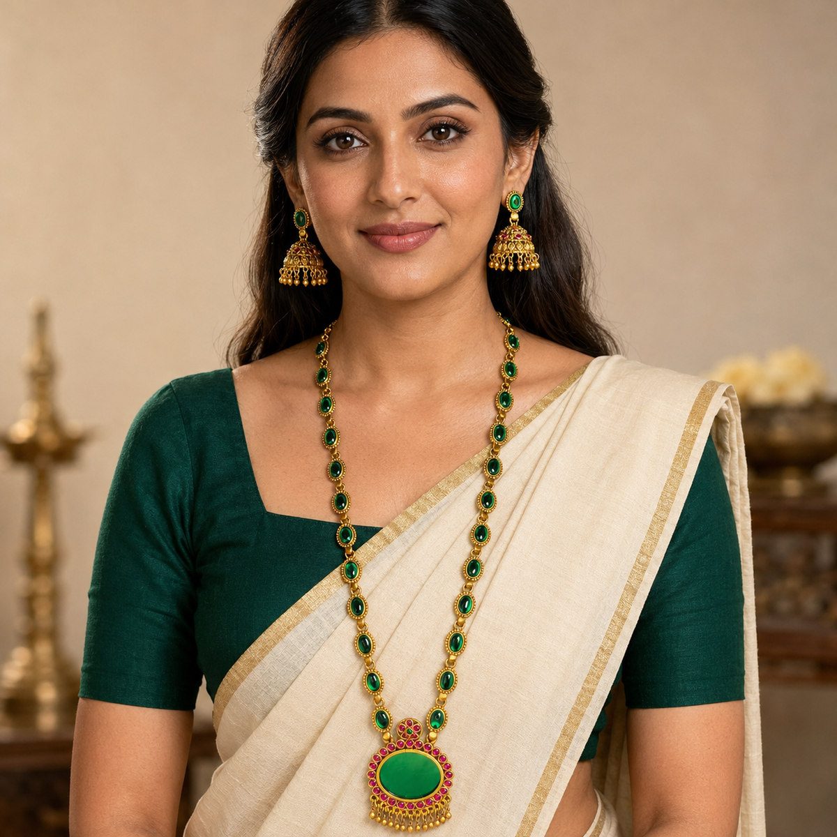 Belumiee emerald and ruby long necklace set with matching jhumka earrings featuring intricate gold design.