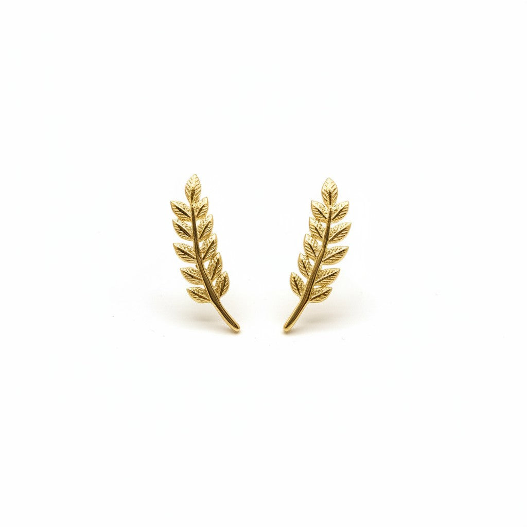 Belumiee gold-plated sterling silver leaf ear crawler stud earrings with push back closure.