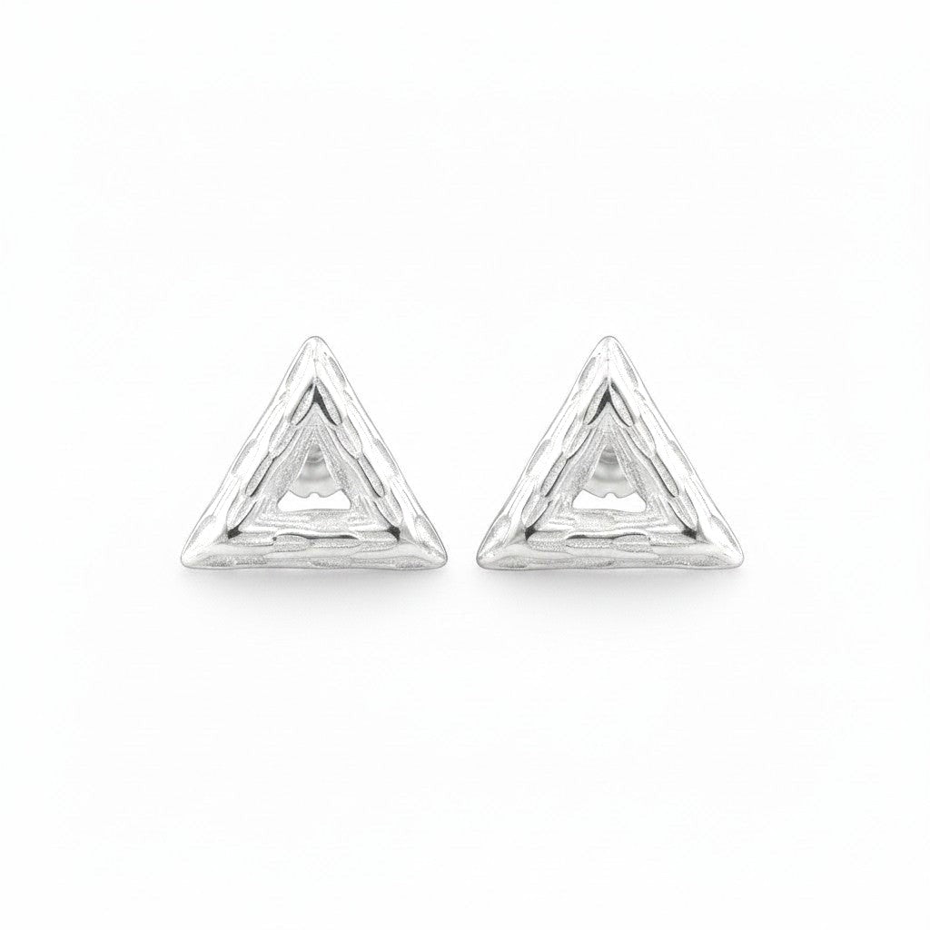Belumiee gold-plated sterling silver triangle stud earrings with textured finish and CZ stones.