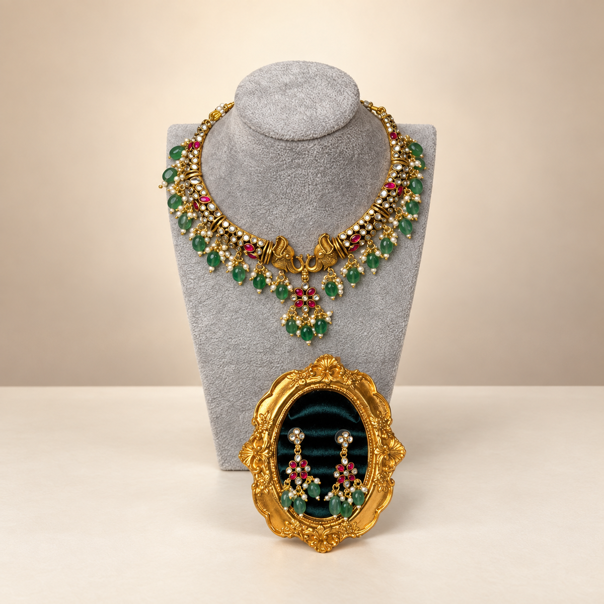 AI-edited champagne studio presentation of the green bead elephant necklace and matching earrings; product detail review required.