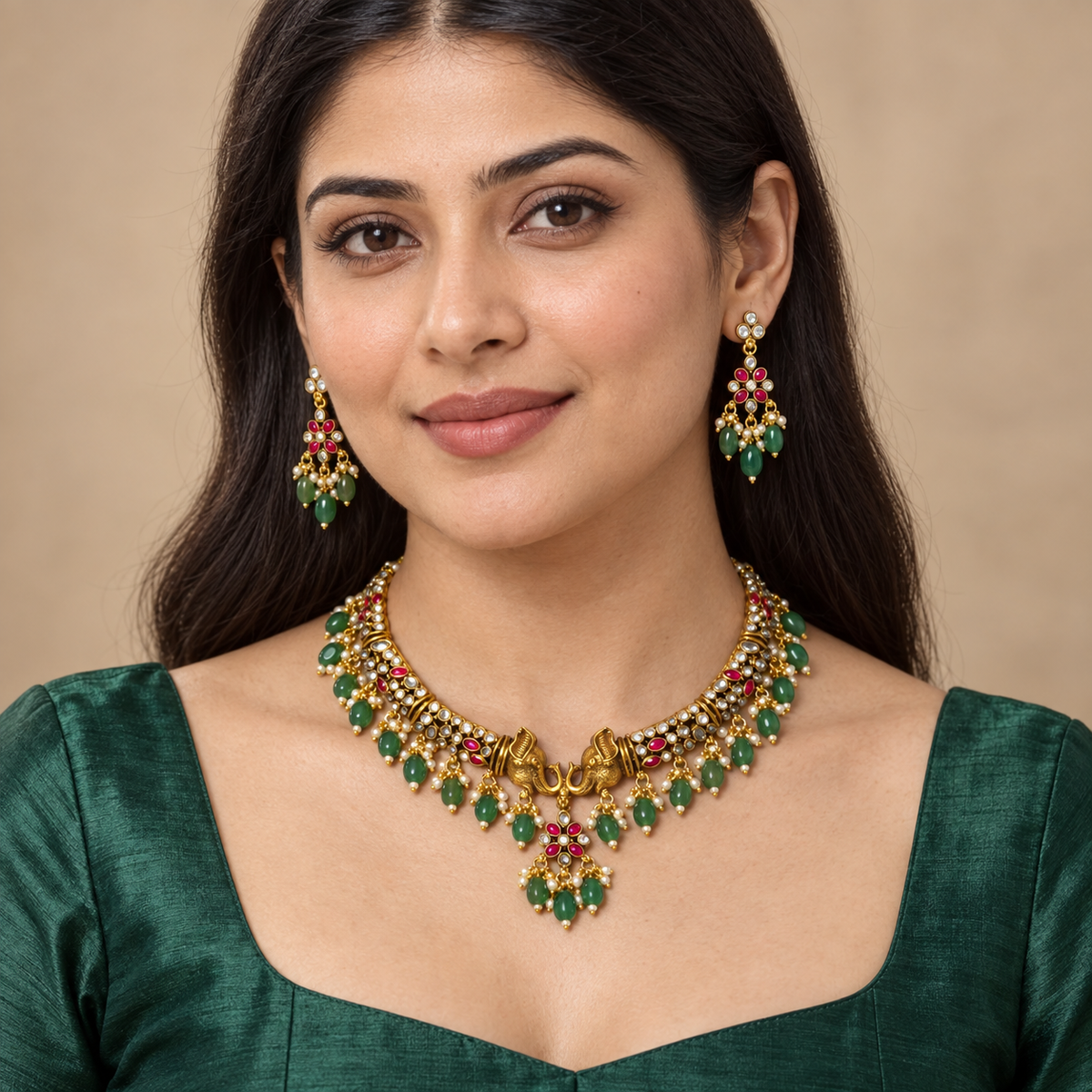 AI-generated styling illustration of the green bead elephant necklace set on a model; fit, scale and details require review.