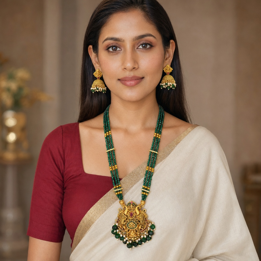 Emerald green beaded temple pendant and jhumka necklace set with long haram design from Belumiee, worn with traditional attire