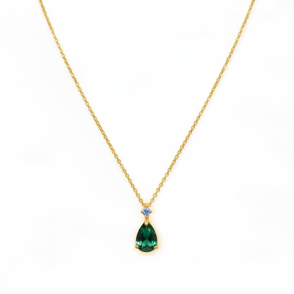 Belumiee gold teardrop pendant necklace with a deep green CZ stone and delicate sparkle detail on a fine chain.
