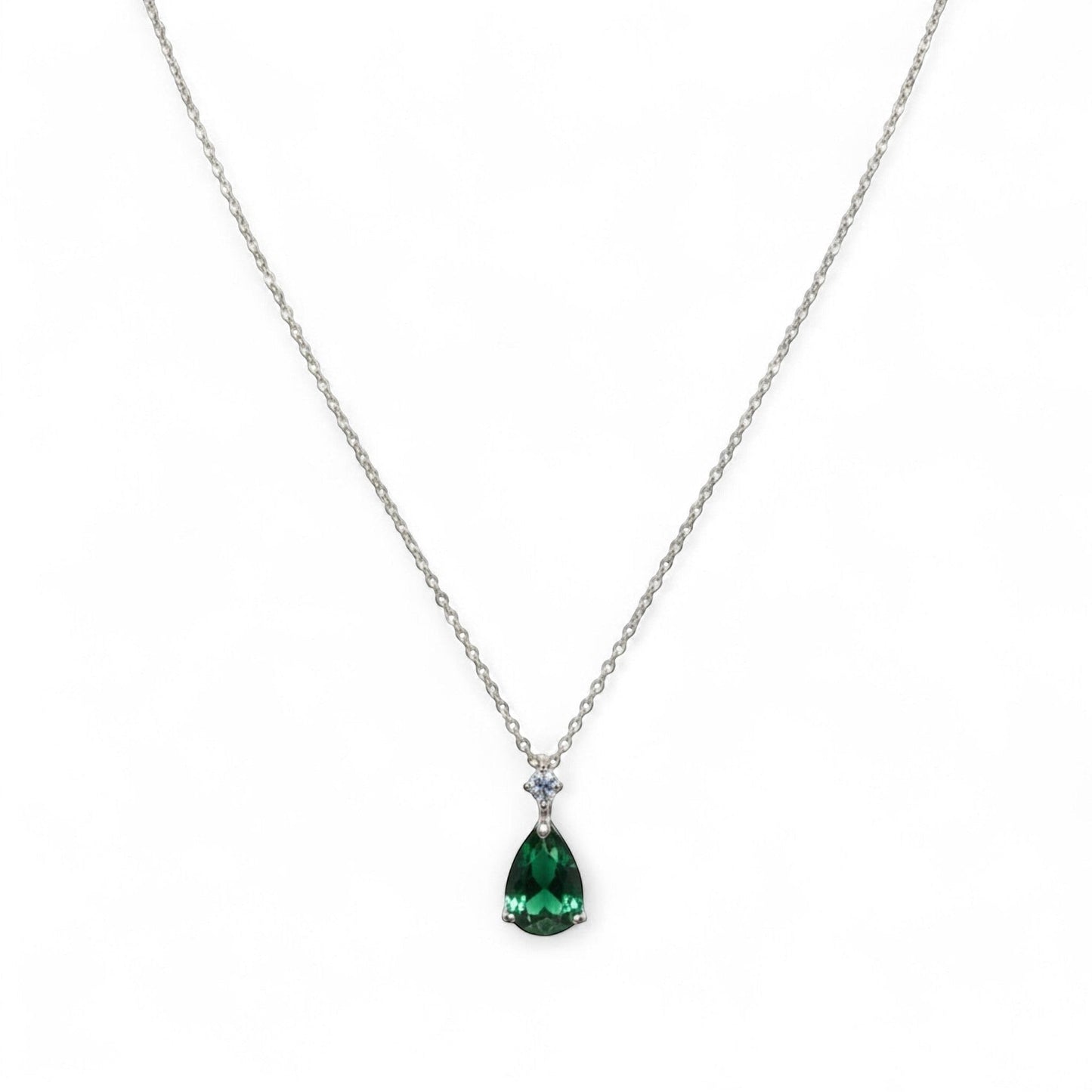 Belumiee sterling silver necklace featuring a green teardrop CZ pendant with a delicate sparkle detail on a fine chain.