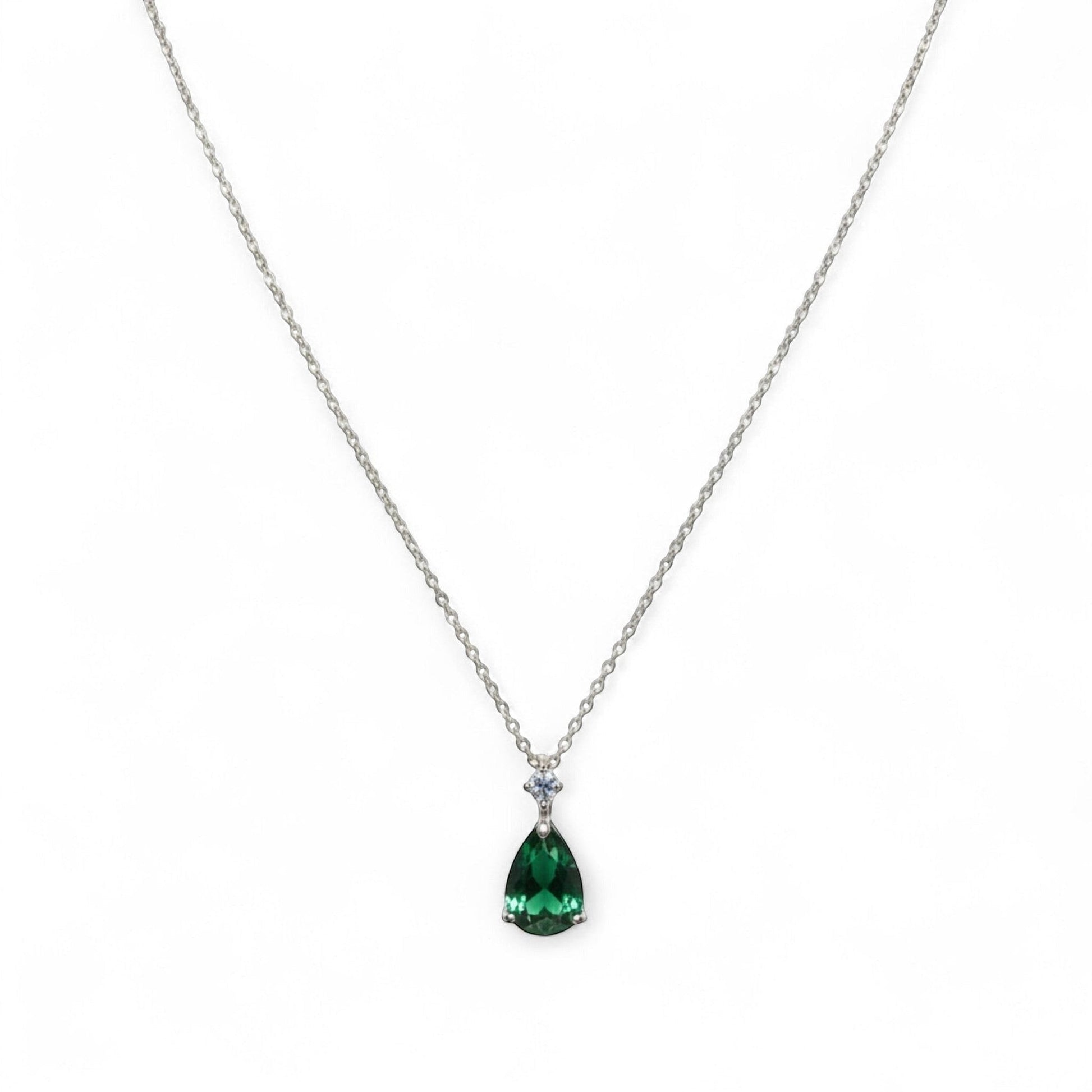 Belumiee sterling silver necklace featuring a green teardrop CZ pendant with a delicate sparkle detail on a fine chain.