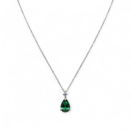 Belumiee sterling silver necklace featuring a green teardrop CZ pendant with a delicate sparkle detail on a fine chain.
