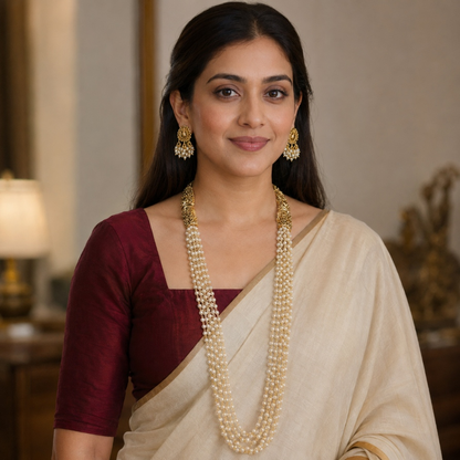 Antique gold and ivory multi-strand pearl-style long Haram necklace set with intricate design, worn by a model.