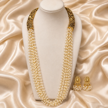 Antique gold and ivory multi-strand pearl-style long Haram necklace set with satin finish from Belumiee.