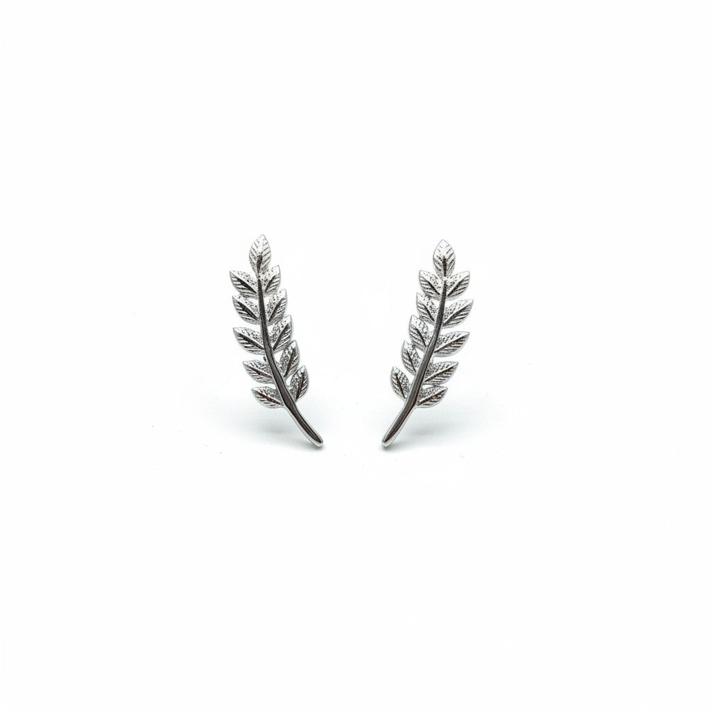Belumiee silver leaf ear crawler stud earrings, crafted from 925 sterling silver with a gold-plated finish.