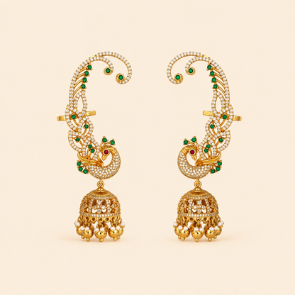 Emerald green peacock ear cuff jhumka earrings with crystal stones and pearl drops