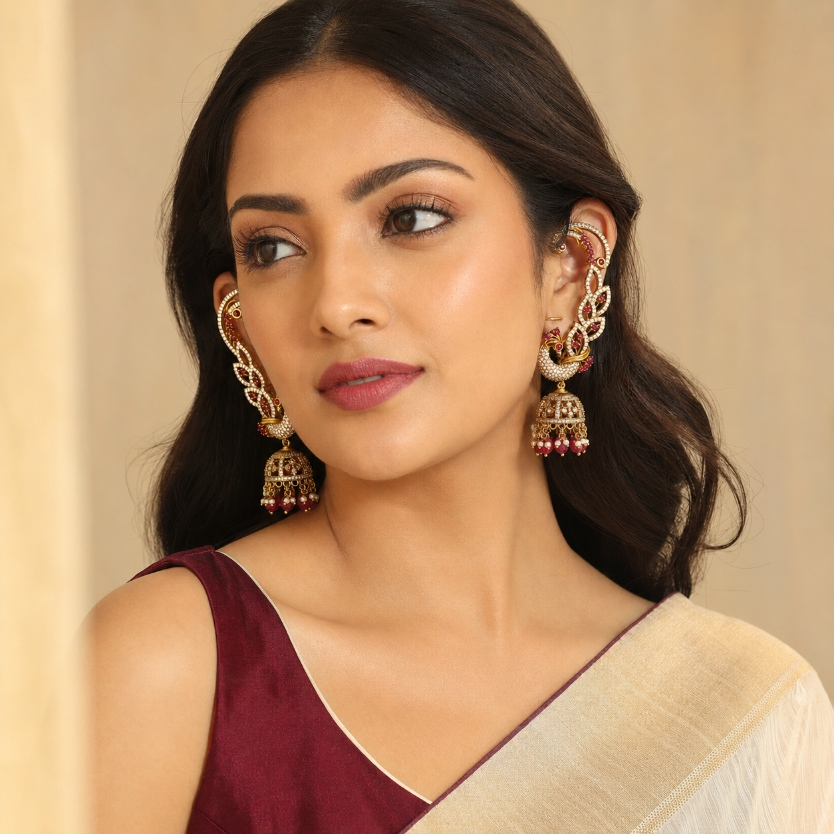 Model wearing ruby peacock ear cuff jhumka earrings