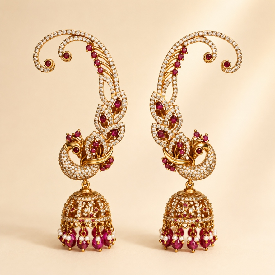 Ruby peacock ear cuff jhumka earrings with crystal stones and pearl drops