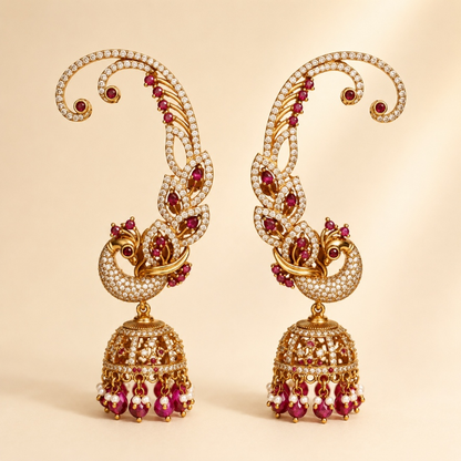 Ruby peacock ear cuff jhumka earrings with crystal stones and pearl drops