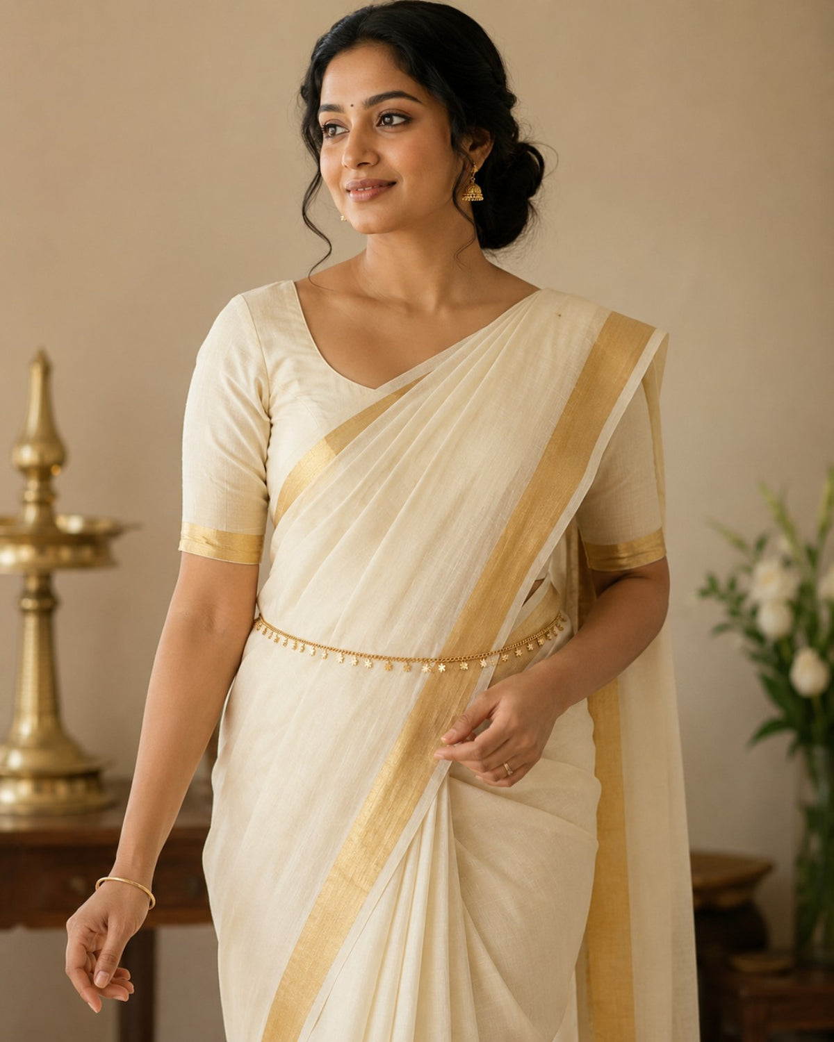 Model wearing a polished flower charm gold-tone hip chain with a Kerala saree
