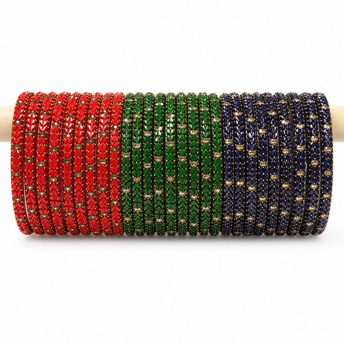Protima leaf sparkle glass bangles in Tomato, Green and Montana