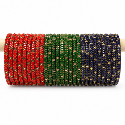 Protima leaf sparkle glass bangles in Tomato, Green and Montana