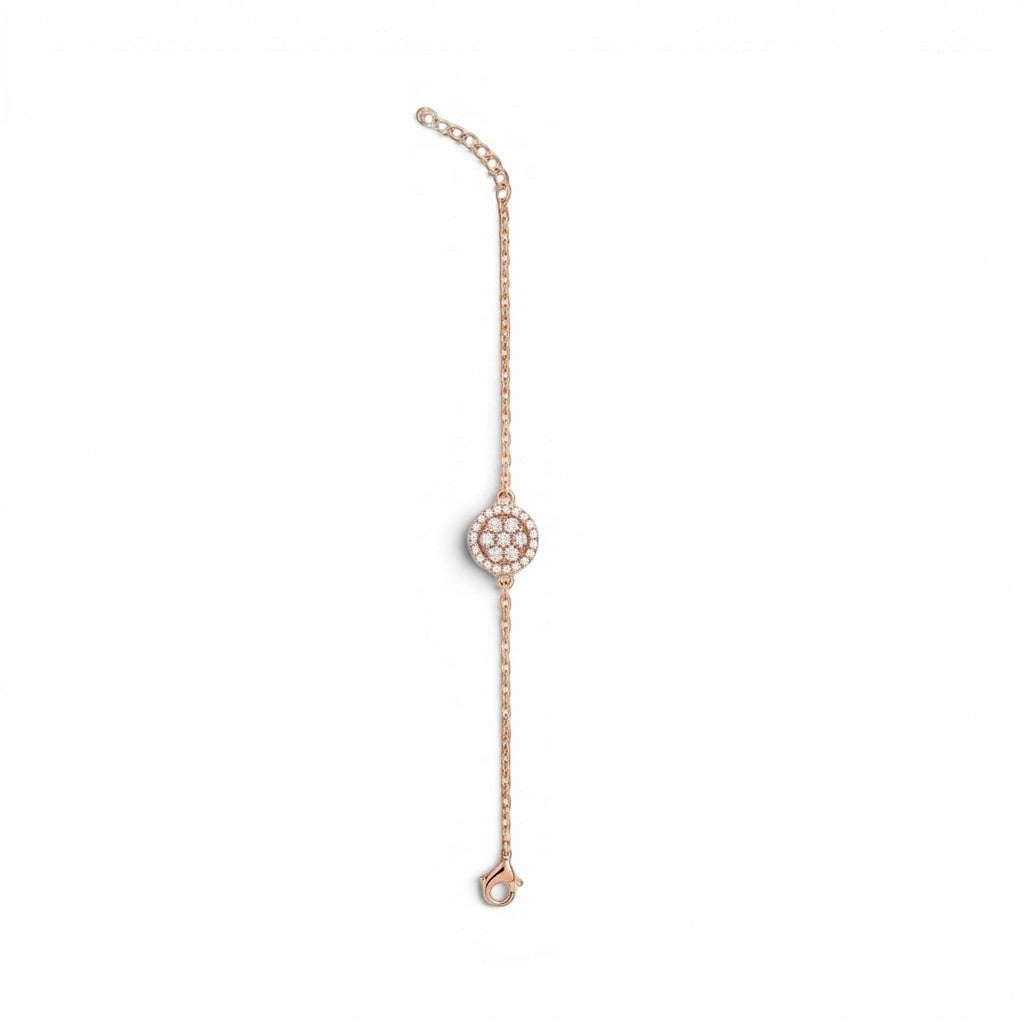 Belumiee Radiance rose gold sterling silver chain bracelet with a sparkling CZ stone circular centerpiece.