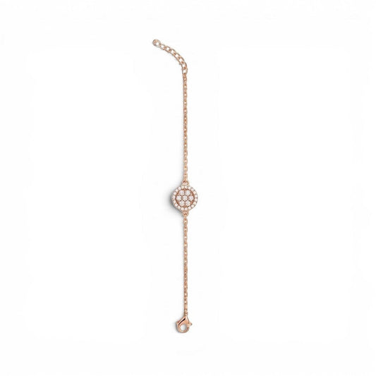 Belumiee Radiance rose gold sterling silver chain bracelet with a sparkling CZ stone circular centerpiece.