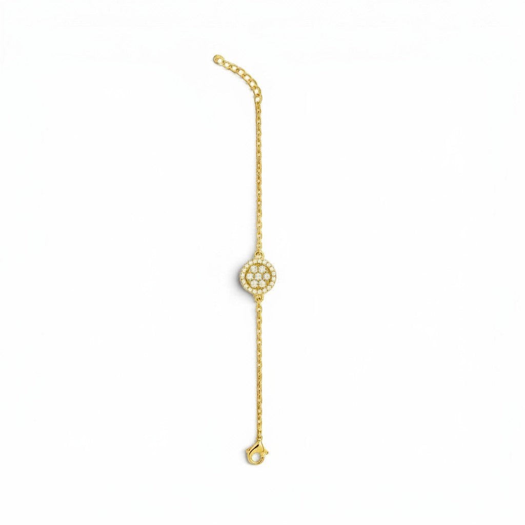 Belumiee gold-plated sterling silver chain bracelet with a round CZ stone centerpiece and adjustable extension chain.