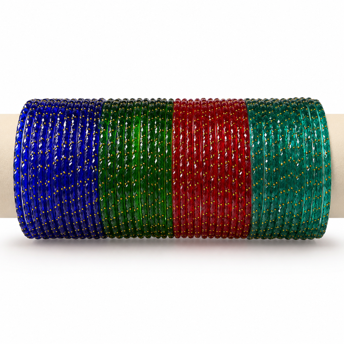 Raindrop gold-dot glass bangle sets in Blue, Green, Red and Rama Green