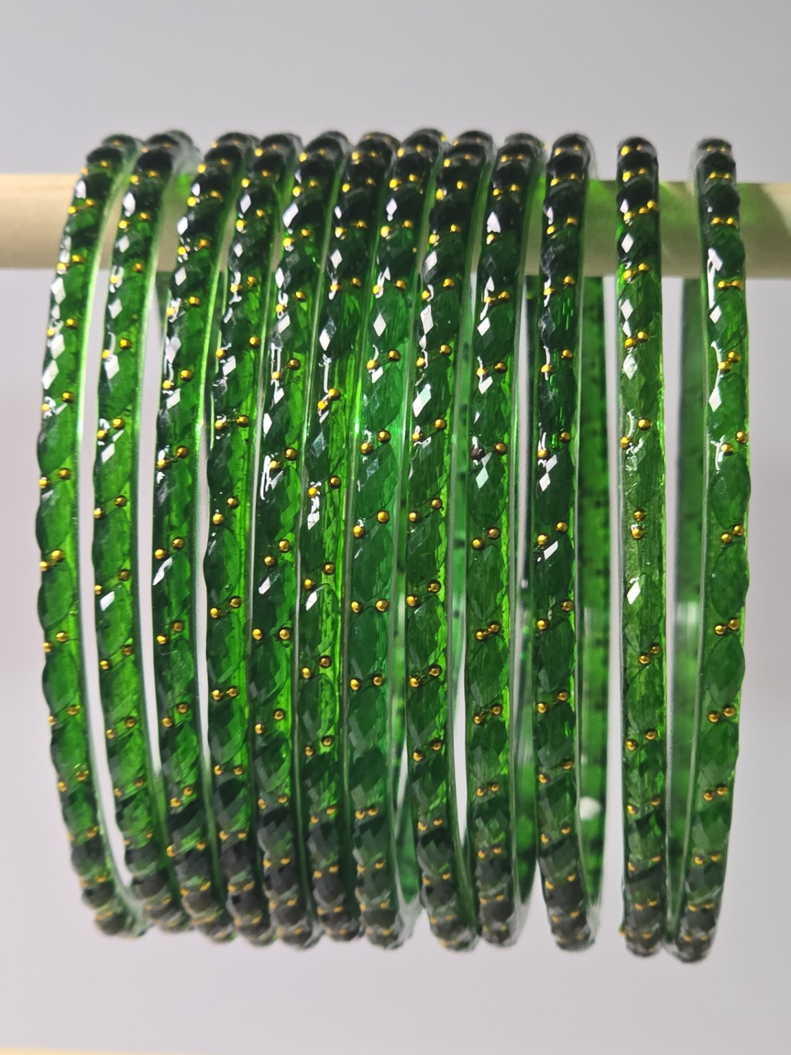 Green Raindrop faceted glass bangles with gold-dot detailing