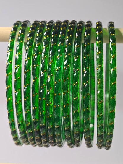 Green Raindrop faceted glass bangles with gold-dot detailing