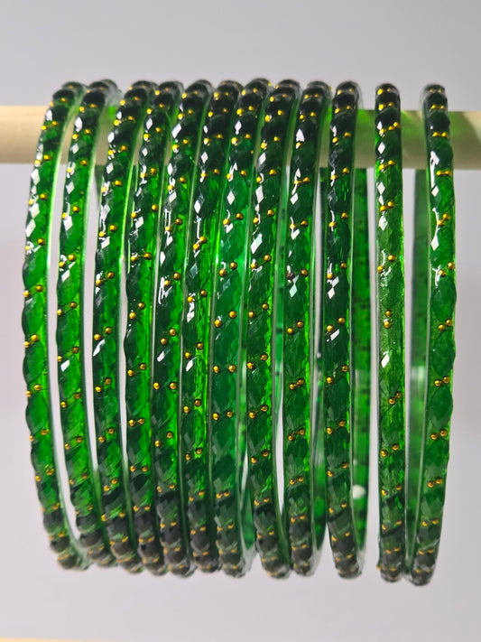 Green Raindrop faceted glass bangles with gold-dot detailing